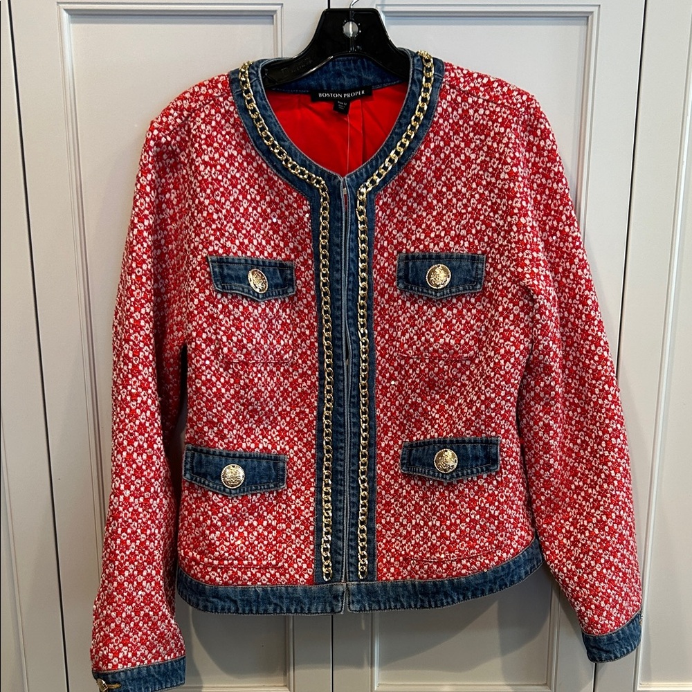 NWT Boston Proper designer  inspired Red and Blue Denim Blazer Size 12